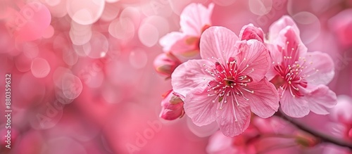 Pink Japanese Sakura a stunning cherry blossom in full bloom highlighted in a captivating copy space image