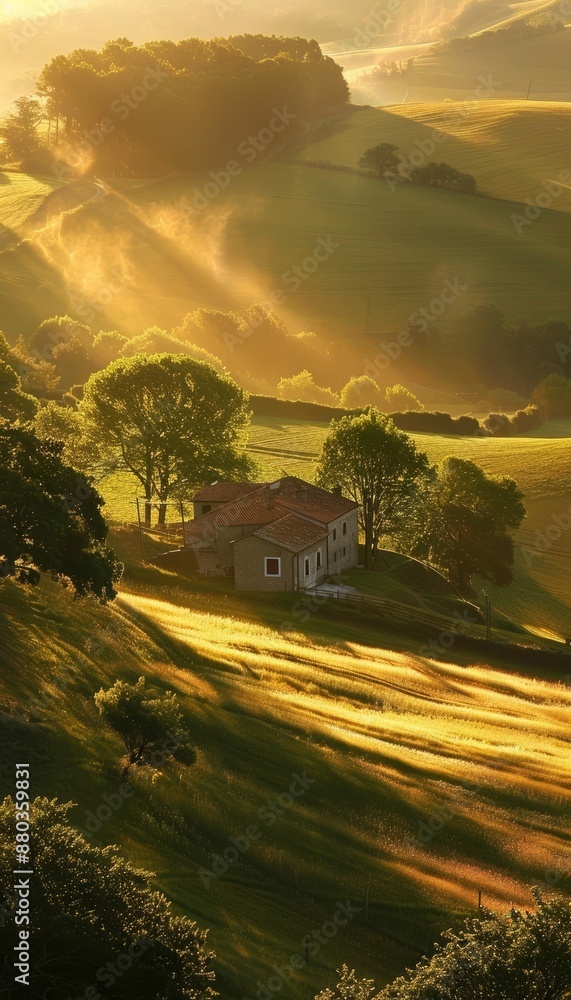 Fototapeta premium Countryside break with golden rays over rolling hills, Calm, Peaceful rural escape