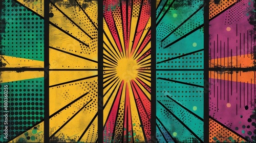 A vibrant comic bookstyle abstract design featuring a collage of colorful panels Each panel has a unique pattern