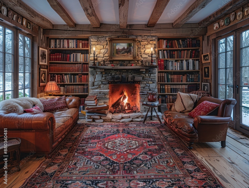 Cozy Cabin Interior with Fireplace Cozy Cabin Interior with Fireplace