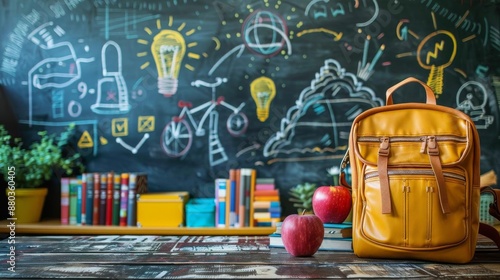 An inviting and cheerful classroom scene with a chalkboard covered in colorful drawings and educational icons The chalkboard features sketches of schoolrelated items such as a back photo