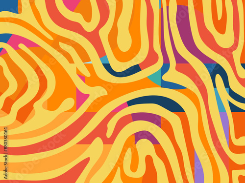 Abstract groovy hippie 70s background. Waves colorful vintage  swirl, twirl ,psychedelic, striped pattern illustration design for wallpaper, web, banner and print.