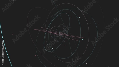 Seamless loop dynamic illustration depicting multiple stars orbital pathways. The paths intertwine, creating an intricate design of lines and orbits, symbolizing atomic or molecular structures.