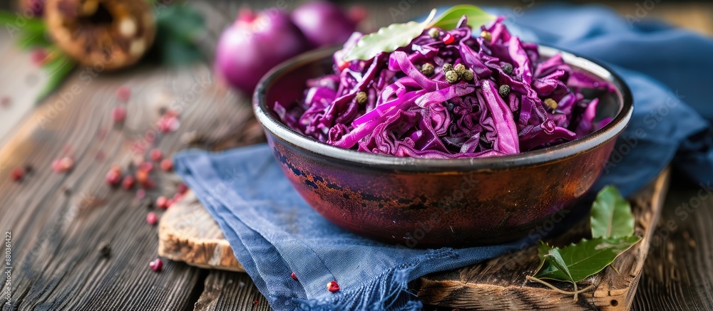 On a rustic table with a blue napkin there is a bowl of cooked red cabbage decorated with juniper berries and bay leaf with a blurred background for adding text or images. Copy space image On a rustic table with a blue napkin there is a bowl of cooked red cabbage decorated with juniper berries and bay leaf with a blurred background for adding text or images. Copy space image