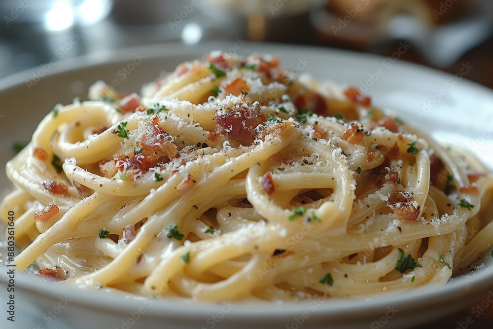 A serving of fresh pasta with a rich and creamy carbonara sauce, topped with crispy pancetta and a sprinkle of Parmesan cheese. A serving of fresh pasta with a rich and creamy carbonara sauce, topped with crispy pancetta and a sprinkle of Parmesan cheese.
