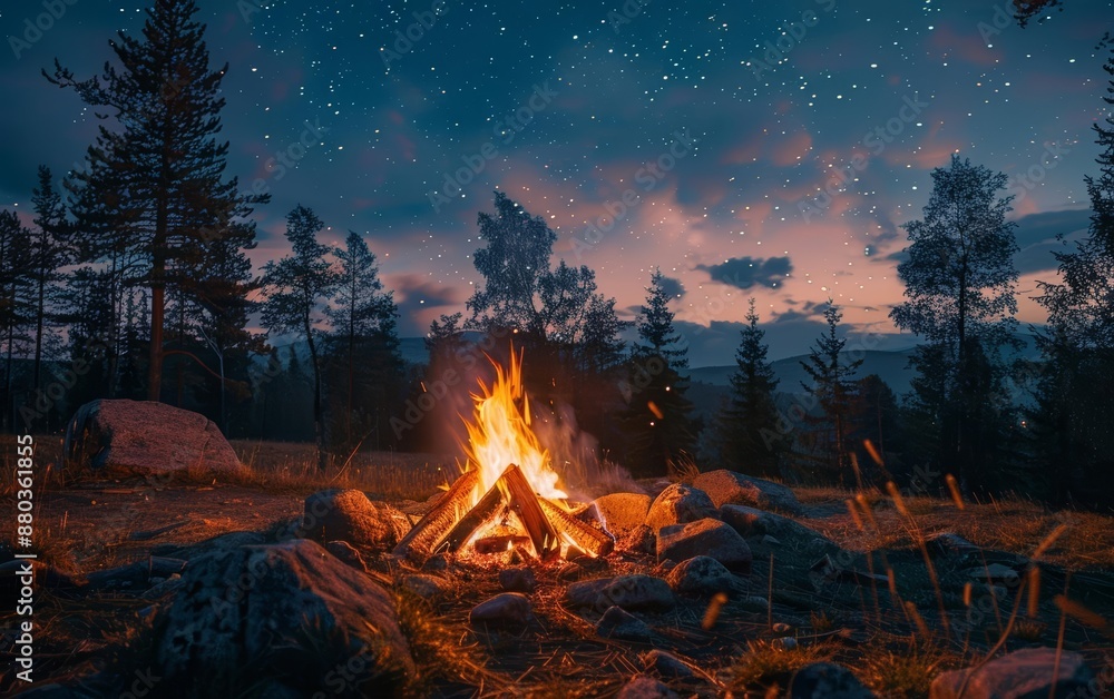 A crackling campfire under a starlit sky in the forest. A crackling campfire under a starlit sky in the forest.