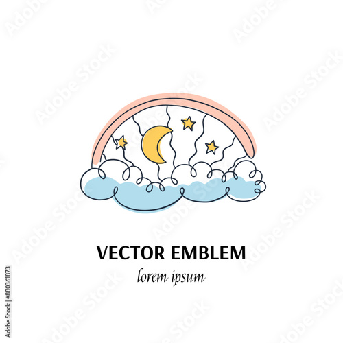 Vector hand made symbol in trendy line style isolated on white background. Cloud, stars and moon. Icon in linear style.