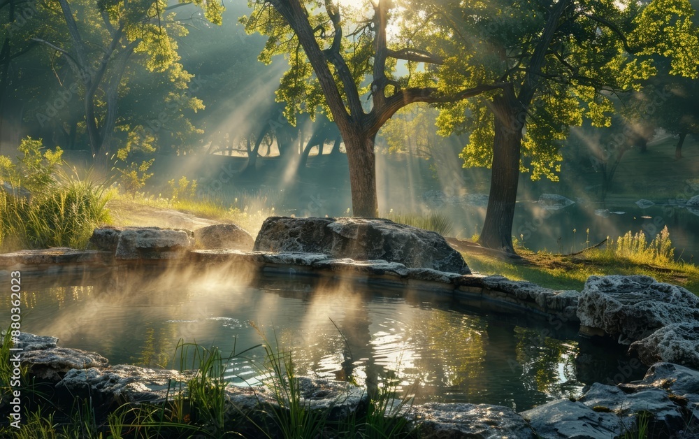 Hot springs break with steam rising in sun rays, Calm, Rejuvenating thermal retreat