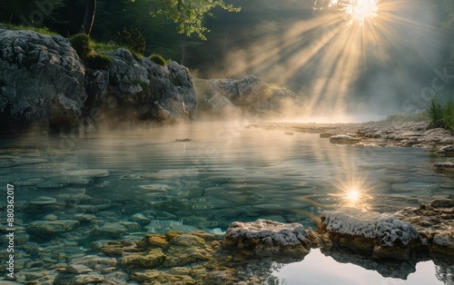 Hot springs break with steam rising in sun rays, Calm, Rejuvenating thermal retreat photo