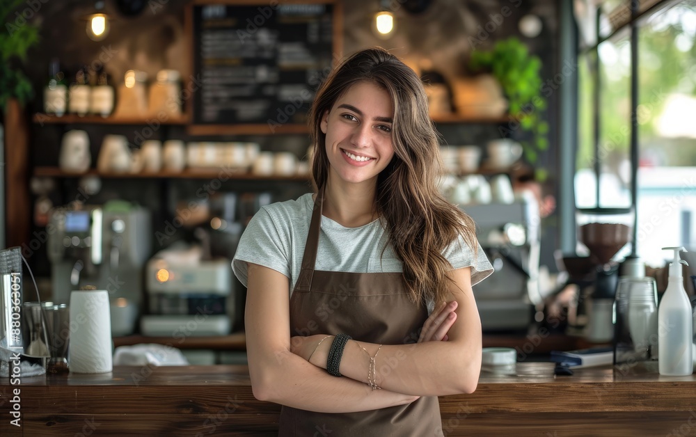Attractive caucasian barista in a brown apron, proudly standing in her coffee shop with crossed arms in coffee-making equipment background Attractive caucasian barista in a brown apron, proudly standing in her coffee shop with crossed arms in coffee-making equipment background