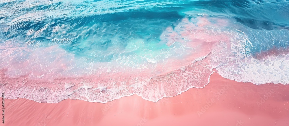 Fototapeta premium Australian coastal view with a serene beach showing a vast seascape in blue and pink hues with low tides gently washing onto the shore depicting a peaceful atmosphere Copy space image
