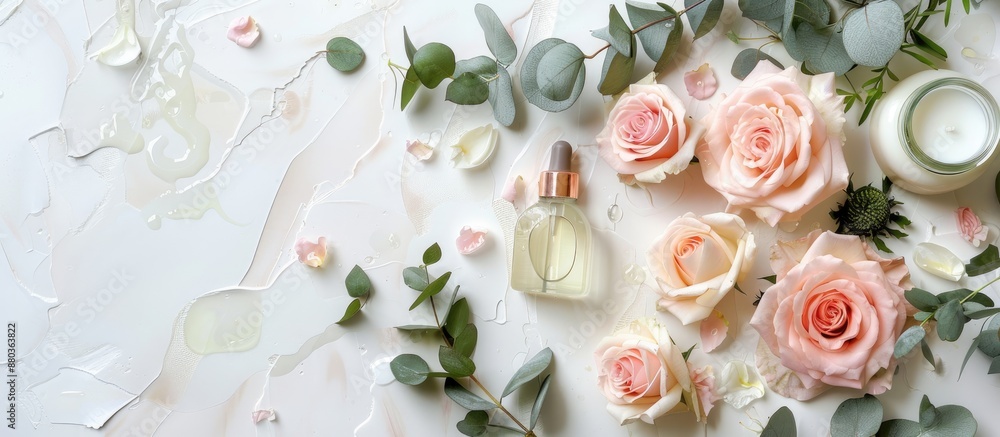Copy space image of a spa arrangement featuring eucalyptus twigs pink roses creams candles and oil bottle Copy space image of a spa arrangement featuring eucalyptus twigs pink roses creams candles and oil bottle