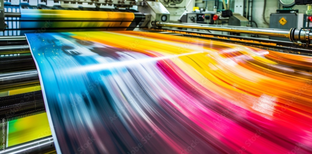 Dynamic industrial printing process Bright colors swirl while advanced machinery creates intricate designs with precision and speed. Dynamic industrial printing process Bright colors swirl while advanced machinery creates intricate designs with precision and speed.