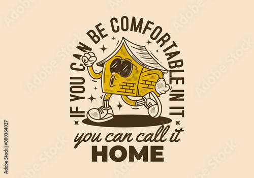 Walking house mascot character in vintage retro style