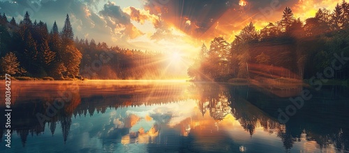 Fototapeta Naklejka Na Ścianę i Meble -  Stunning sunset over a pine forest and serene autumn lake with sun rays and fluffy clouds reflecting Evokes thoughts of vacation and meditation with copy space image