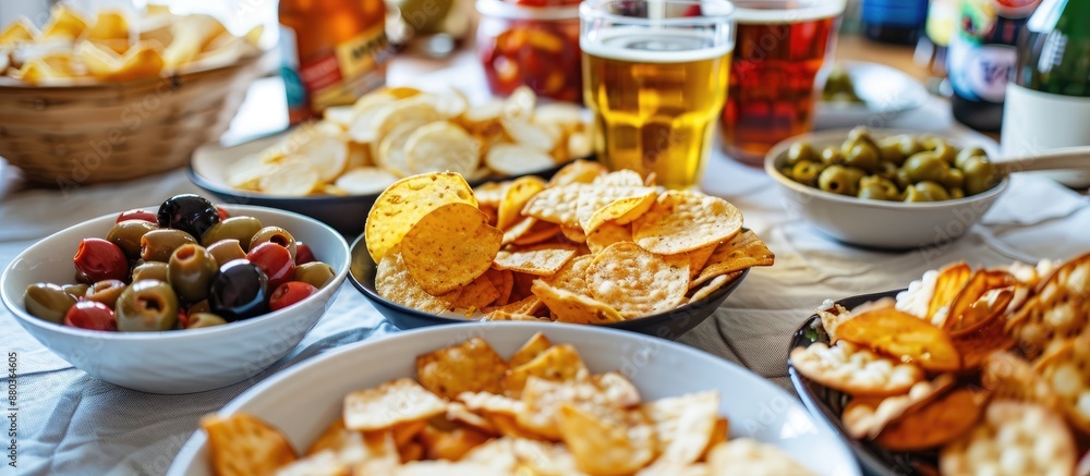 Various snacks like potato chips beer crackers green and black olives are arranged on a table with a white linen tablecloth providing a copy space image Various snacks like potato chips beer crackers green and black olives are arranged on a table with a white linen tablecloth providing a copy space image