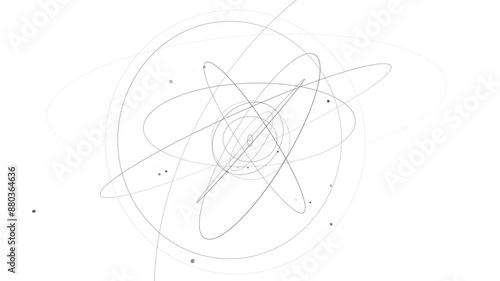 Seamless loop Multiple atom-like orbital pathways on a white background. Symbolizing atomic or molecular structures in a clean and minimalistic style. Conveys scientific and educational themes