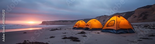 Expedition tents set up on a remote beach at dawn, Expedition, Secluded beach expedition