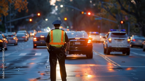 a police officer directs traffic at an intersection intersection is busy with cars officer wears a reflective vest