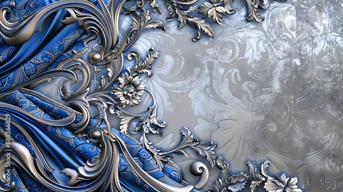 An elegant royal abstract background in royal blue and silver, decorated with intricate gothic designs and luxurious brocade textures