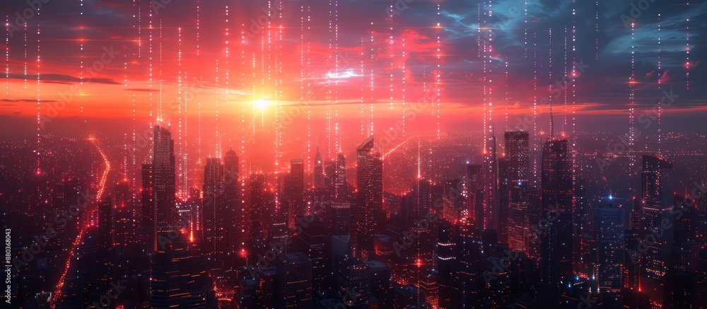 Obraz premium Futuristic Cityscape with Digital Rain at Sunset