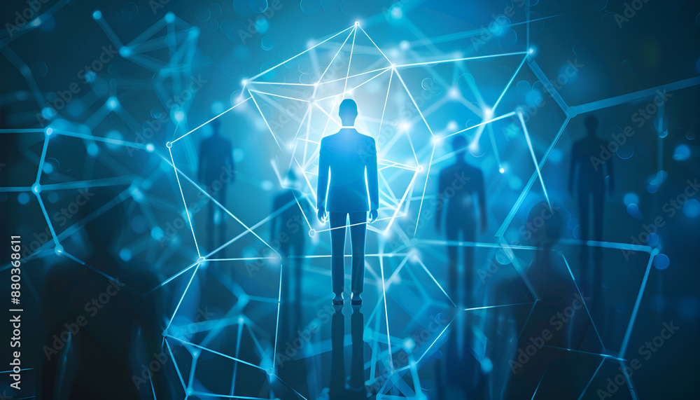 Human resource management and recruitment concept, with one person standing at the epicenter of a network of potential candidates Human resource management and recruitment concept, with one person standing at the epicenter of a network of potential candidates
