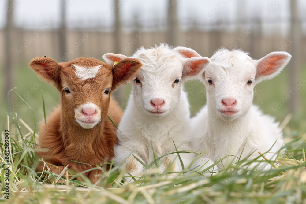 Newborn goat in spring barnyard 