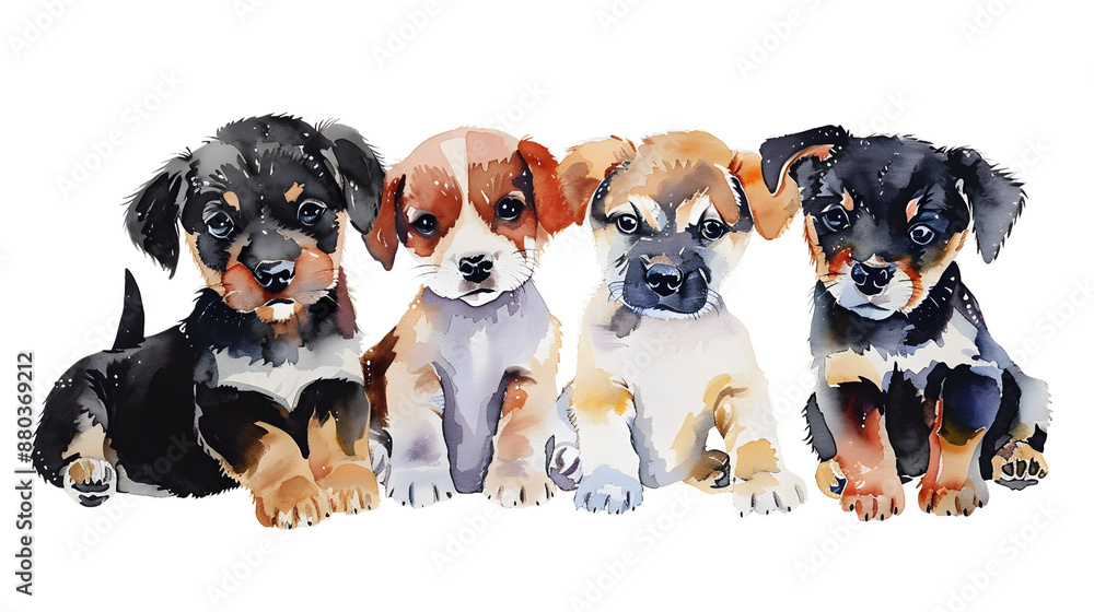 Obraz premium Group of cute puppies dogs sitting in a row watercolor illustration isolated on a white background