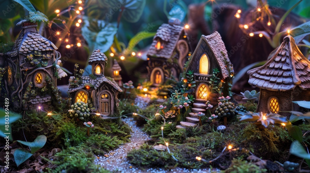 Fototapeta premium A whimsical fairy garden with tiny houses, miniature plants, and delicate fairy lights twinkling in the dusk.