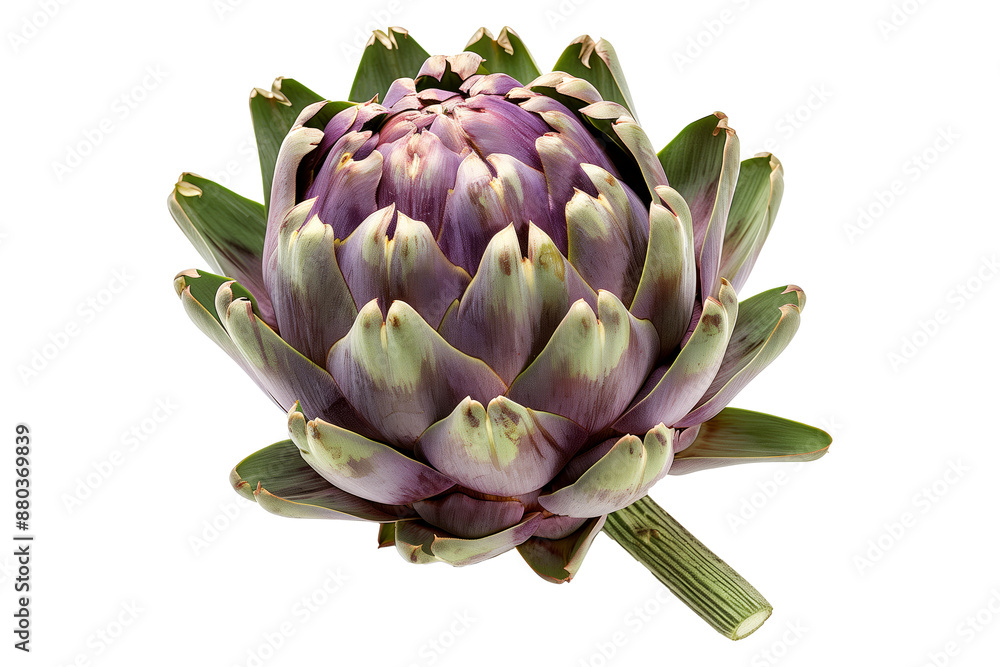 Obraz premium Green Fiesole artichoke with a purple base is isolated on a white background.