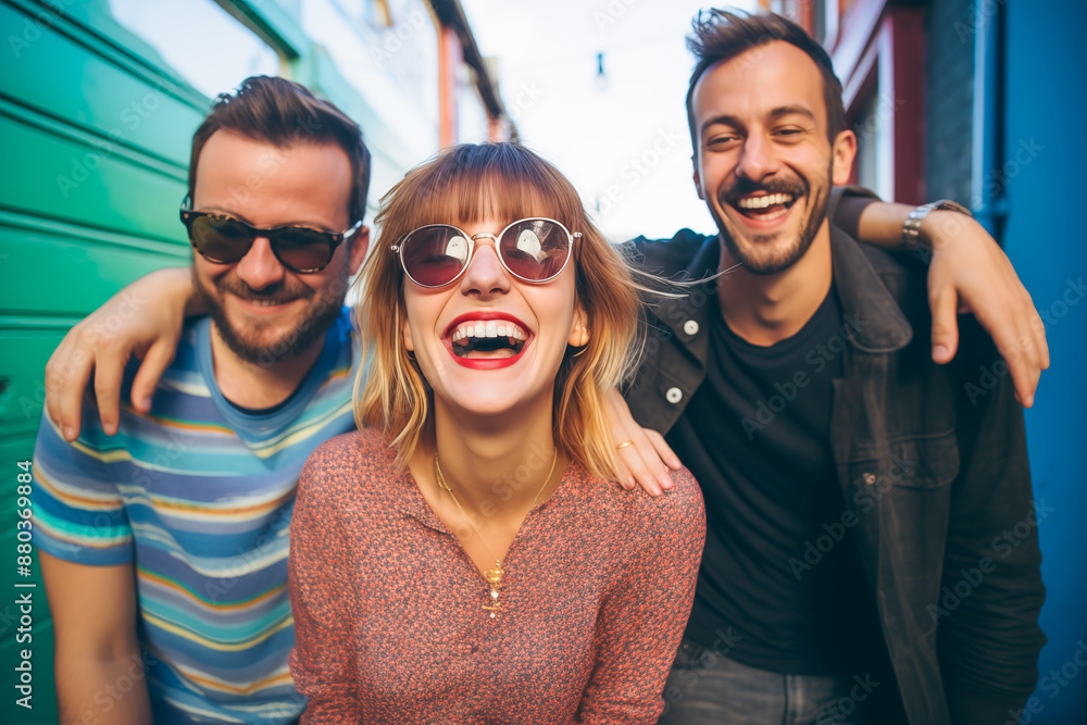 Three friends laughing and embracing in an urban outdoor setting Three friends laughing and embracing in an urban outdoor setting
