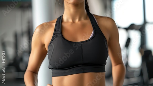 Close-up of a fit woman in a black sports bra, standing confidently in a gym setting with blurred exercise equipment in the background. © May Chanikran