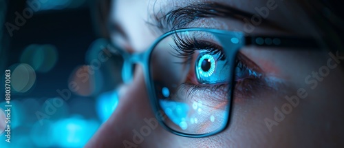 Closeup of eyes looking at a digital screen with blue light filter, Eye protection, Reducing digital strain photo