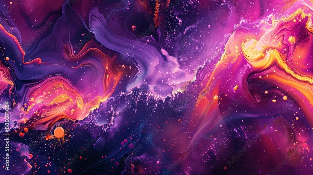 Fototapeta premium A stunning abstract fluid art piece featuring vibrant cosmic swirls in shades of purple, pink, and orange.
