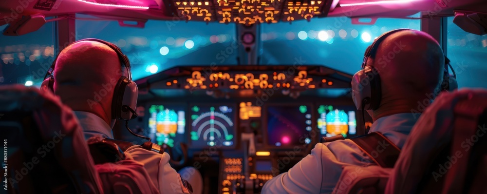 Fototapeta premium Captain and co-pilot reviewing flight plan, modern cockpit technology, precision and coordination