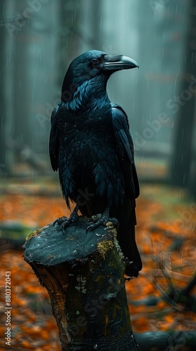 A majestic raven perches stoically on a branch, unfazed by the steady rain falling around it. photo