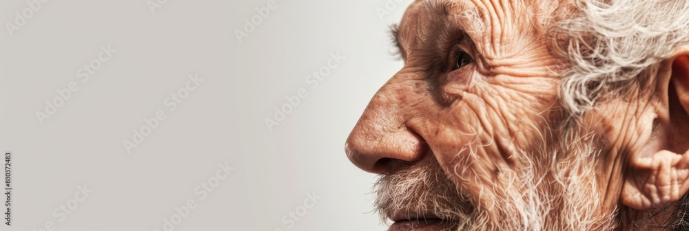 National Senior Citizens Day. Horizontal banner. Portrait of an elderly gray-haired man on a white background. Close-up. Free space for text. Loneliness in older people. Care for the elderly concept National Senior Citizens Day. Horizontal banner. Portrait of an elderly gray-haired man on a white background. Close-up. Free space for text. Loneliness in older people. Care for the elderly concept