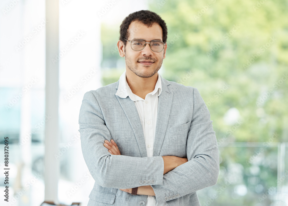 Man, business arms crossed with confidence or smile for career growth and job opportunity. Male person, portrait and happy with pride for startup or small company with progress as entrepreneur Man, business arms crossed with confidence or smile for career growth and job opportunity. Male person, portrait and happy with pride for startup or small company with progress as entrepreneur