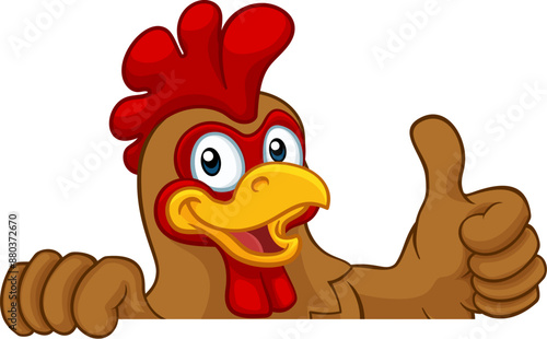A chicken rooster cockerel bird cartoon character peeking over a sign and giving a thumbs up