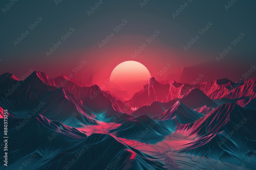 Neon Sunset over Synthwave Mountains. Retro Futuristic Landscape Neon Sunset over Synthwave Mountains. Retro Futuristic Landscape