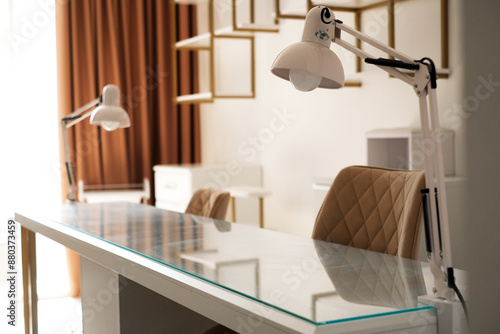 luxurious light manicure table in a beauty salon