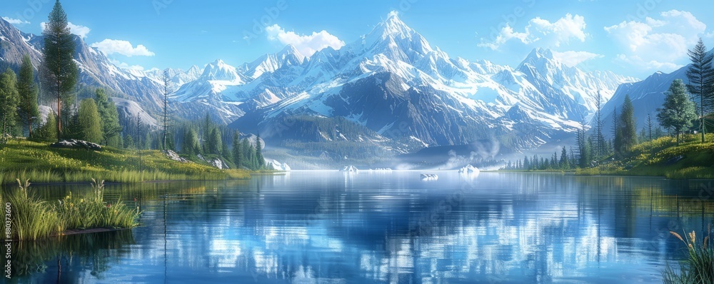 Naklejka premium A serene mountain lake reflecting the snow-capped peaks that surround it, its waters crystal clear and inviting.