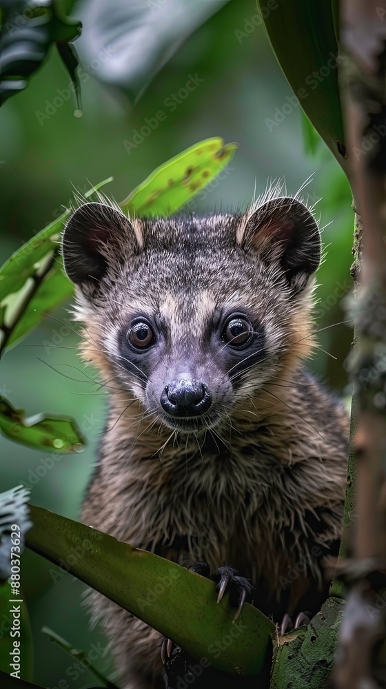 Obraz premium Curious Civet Peering Through Tropical Leaves