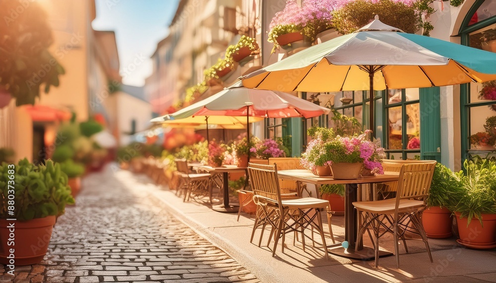 Fototapeta premium Un petit café, terrrasse ornée de plantes et de parasols