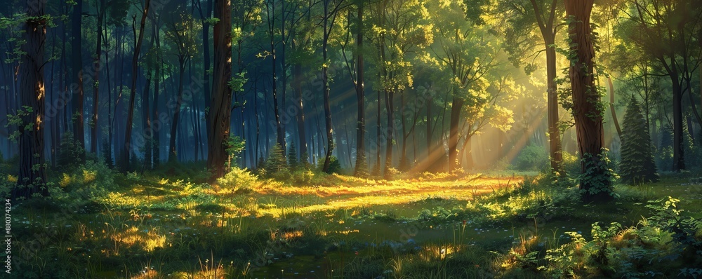 Obraz premium A tranquil forest bathed in the warm glow of the setting sun, casting long shadows through the trees.