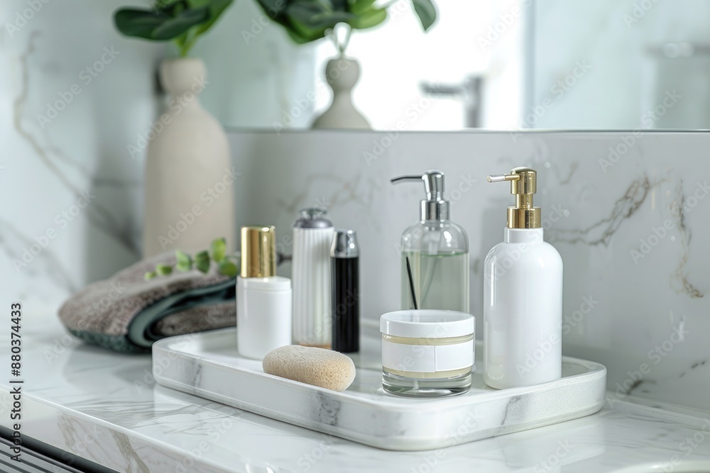 Set of cosmetic products on white marble table in bathroom, closeup Set of cosmetic products on white marble table in bathroom, closeup