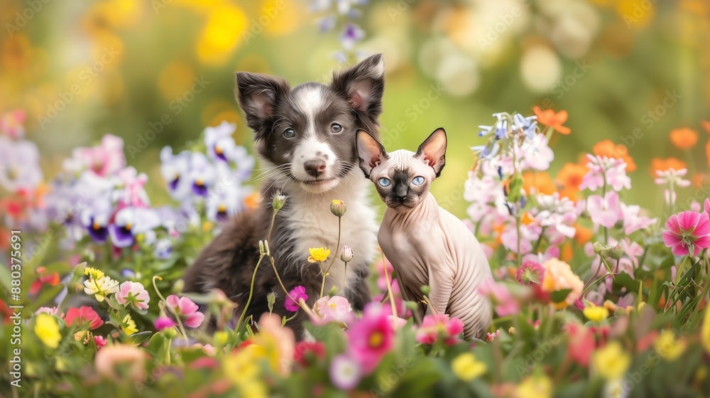 Fototapeta premium Joyful Harmony: Border Collie Puppy, Sphynx Kitten in Vibrant Garden