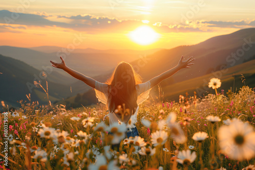 Fototapeta Naklejka Na Ścianę i Meble -  Woman with open arms enjoying sunset on the mountain, free and happy lifestyle concept. Girl standing in a meadow field of flowers at golden hour. Beautiful woman feeling freedom. Golden sunlight.