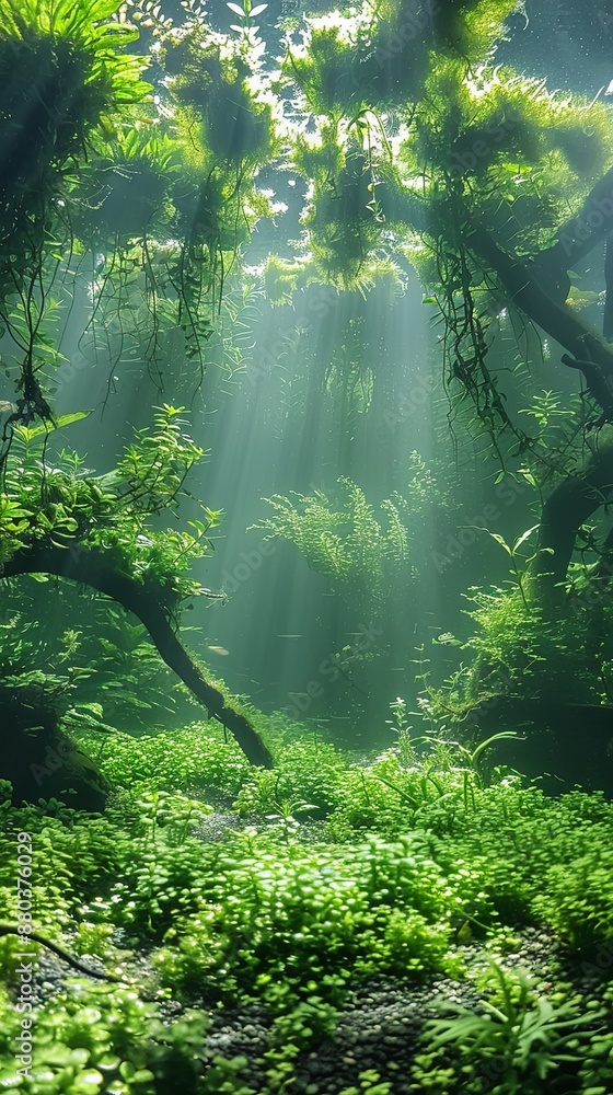 Vibrant underwater scene of lush aquatic plants and small fish, bathed in streams of sunlight filtering through water. Vibrant underwater scene of lush aquatic plants and small fish, bathed in streams of sunlight filtering through water.