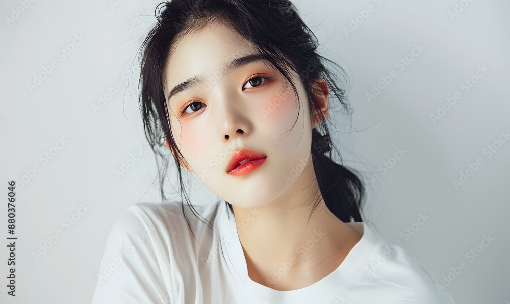 Beautiful Korean woman wearing an white t-shirt, Generative AI